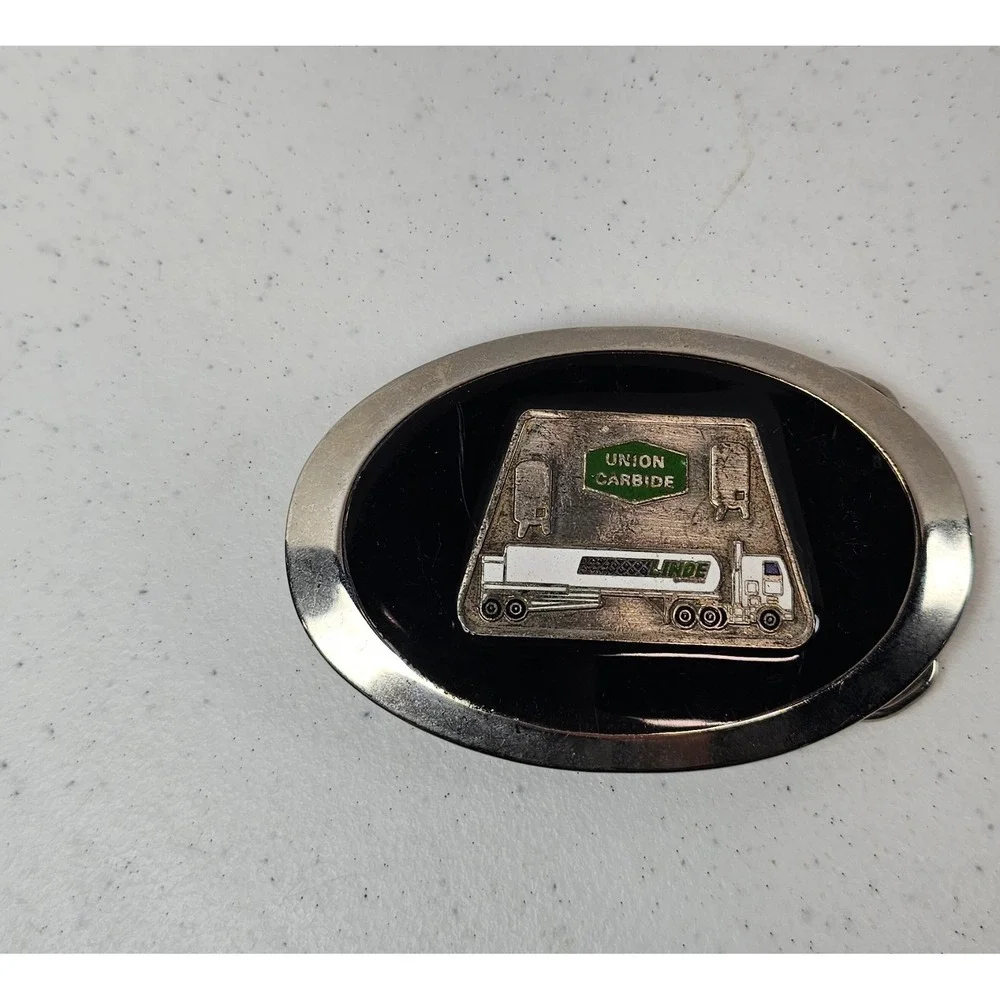 Vintage Union Carbide Linde Tanker Truck Enamel Belt‎ Buckle Industrial Gas